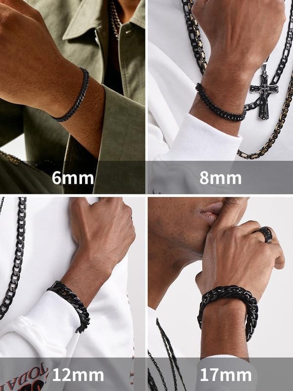 image:imageChainsHouse Stainless Steel Cuban Link Bracelet 6mm8mm12mm17mm Width 75839 Black 18K Gold Plated Chain Wrist Bracelets for Men Women Send Gift BoxI Black12mm width