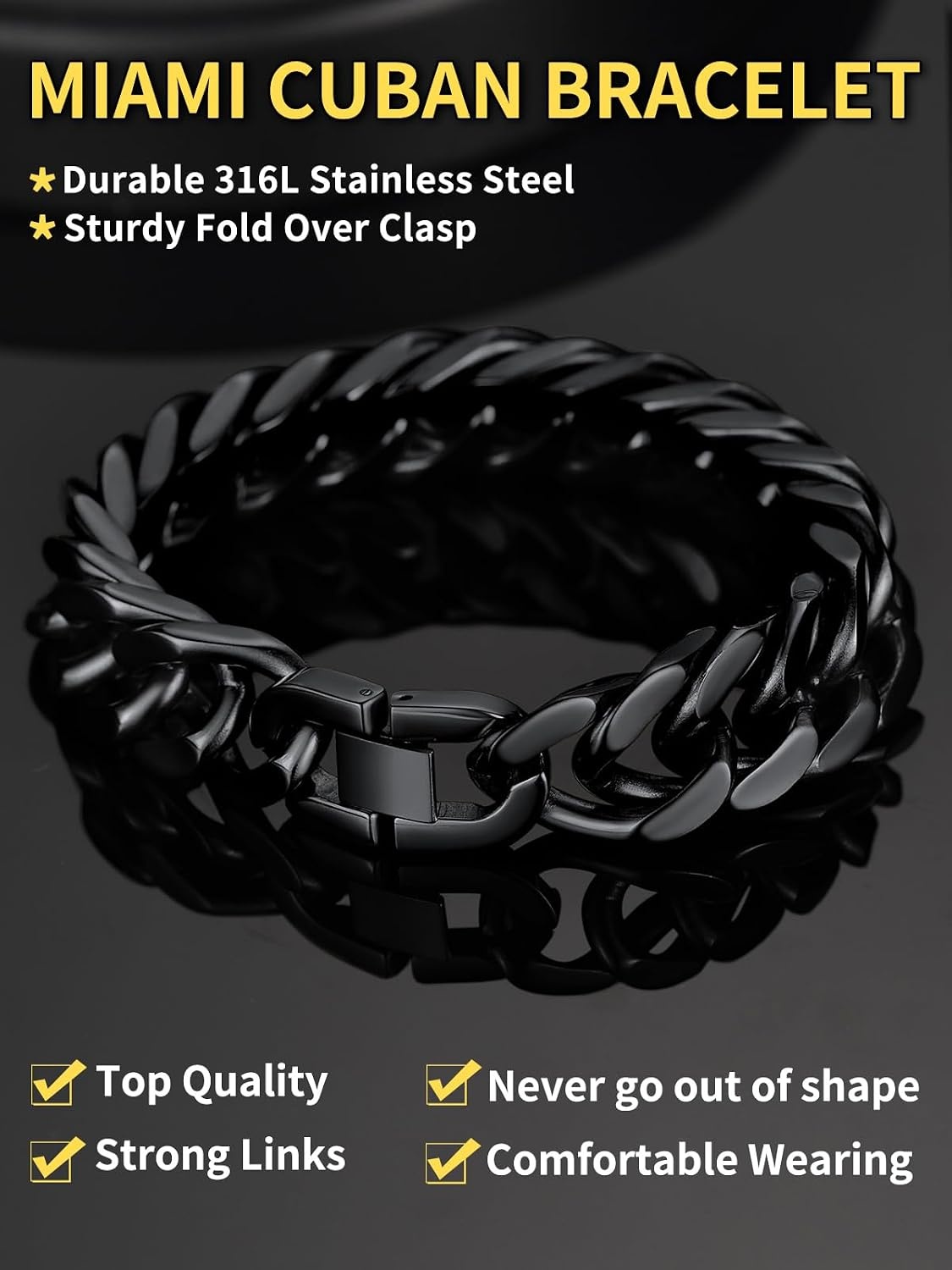 image:imageChainsHouse Stainless Steel Cuban Link Bracelet 6mm8mm12mm17mm Width 75839 Black 18K Gold Plated Chain Wrist Bracelets for Men Women Send Gift BoxJ Black17mm width