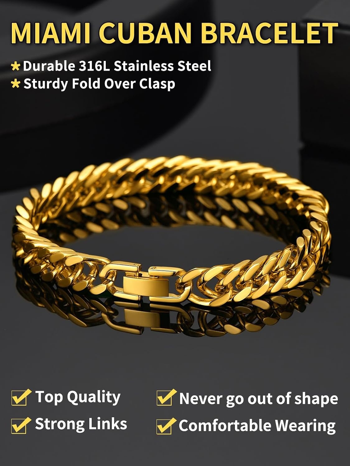 image:imageChainsHouse Stainless Steel Cuban Link Bracelet 6mm8mm12mm17mm Width 75839 Black 18K Gold Plated Chain Wrist Bracelets for Men Women Send Gift BoxK Gold8mm width