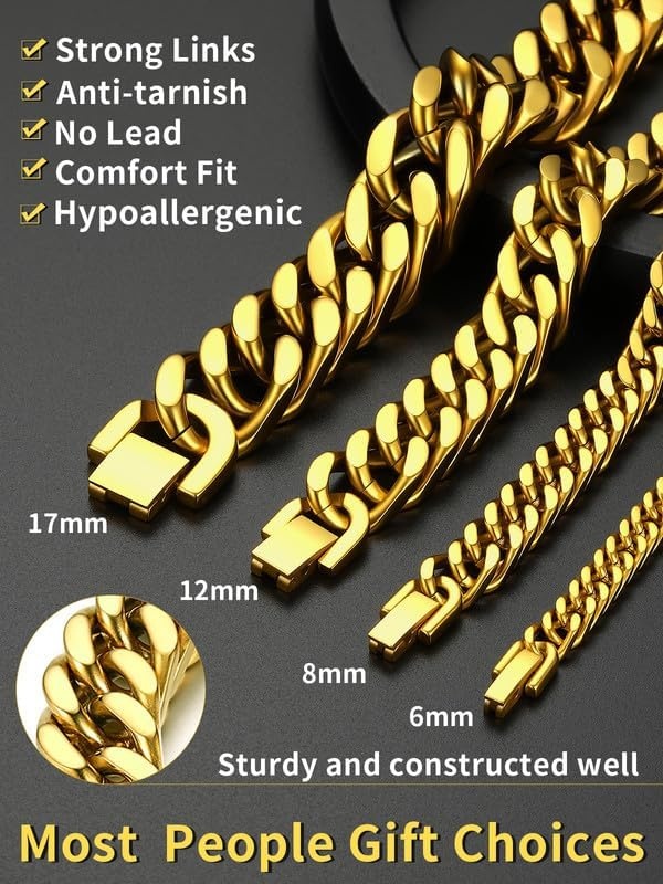 image:imageChainsHouse Stainless Steel Cuban Link Bracelet 6mm8mm12mm17mm Width 75839 Black 18K Gold Plated Chain Wrist Bracelets for Men Women Send Gift BoxK Gold8mm width