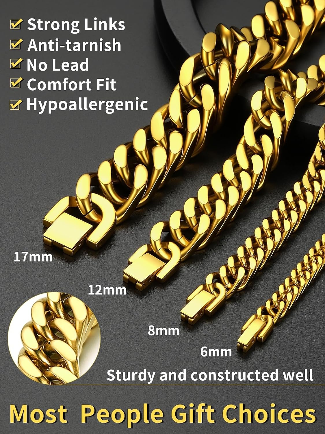 image:imageChainsHouse Stainless Steel Cuban Link Bracelet 6mm8mm12mm17mm Width 75839 Black 18K Gold Plated Chain Wrist Bracelets for Men Women Send Gift BoxM Gold6mm width