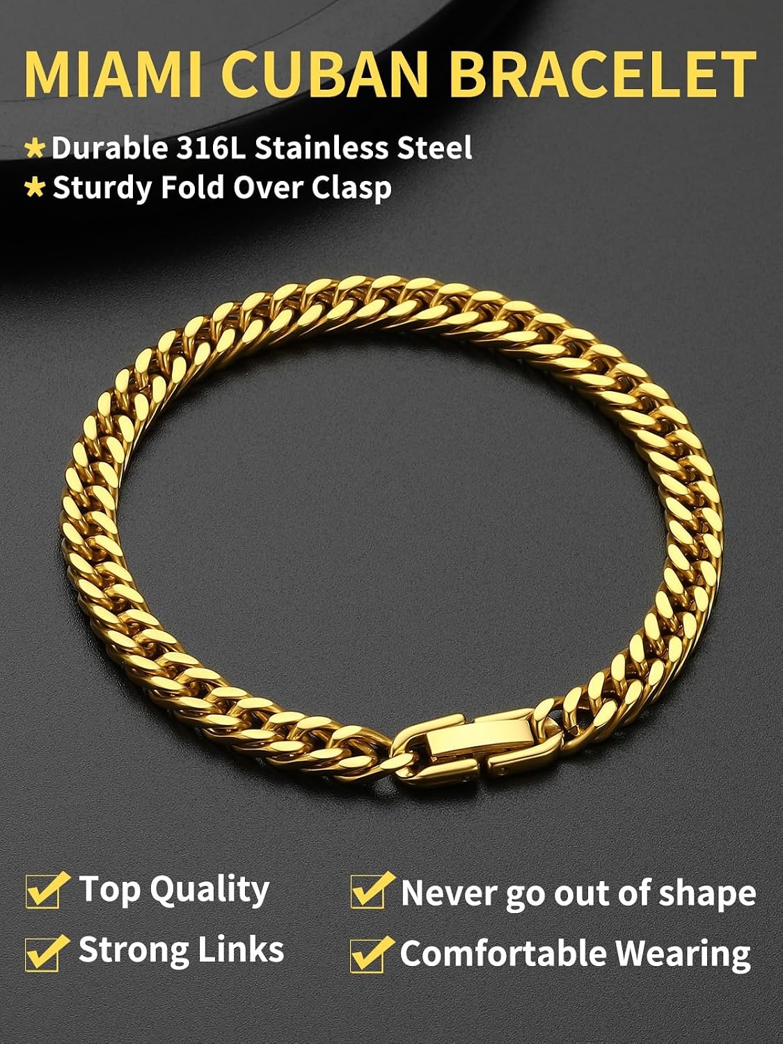 image:imageChainsHouse Stainless Steel Cuban Link Bracelet 6mm8mm12mm17mm Width 75839 Black 18K Gold Plated Chain Wrist Bracelets for Men Women Send Gift BoxM Gold6mm width