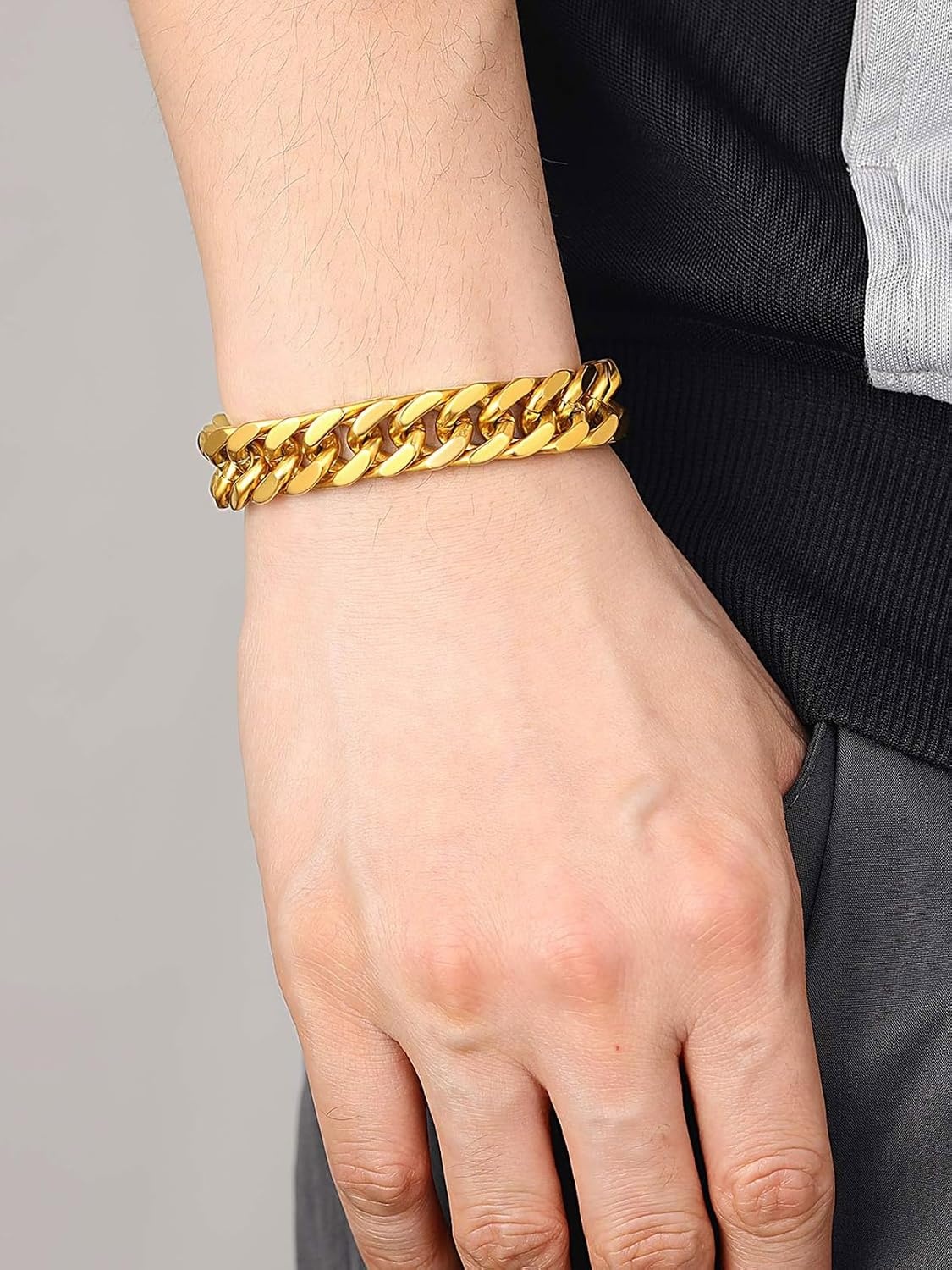 image:imageChainsHouse Stainless Steel Cuban Link Bracelet 6mm8mm12mm17mm Width 75839 Black 18K Gold Plated Chain Wrist Bracelets for Men Women Send Gift BoxN Gold12mm width