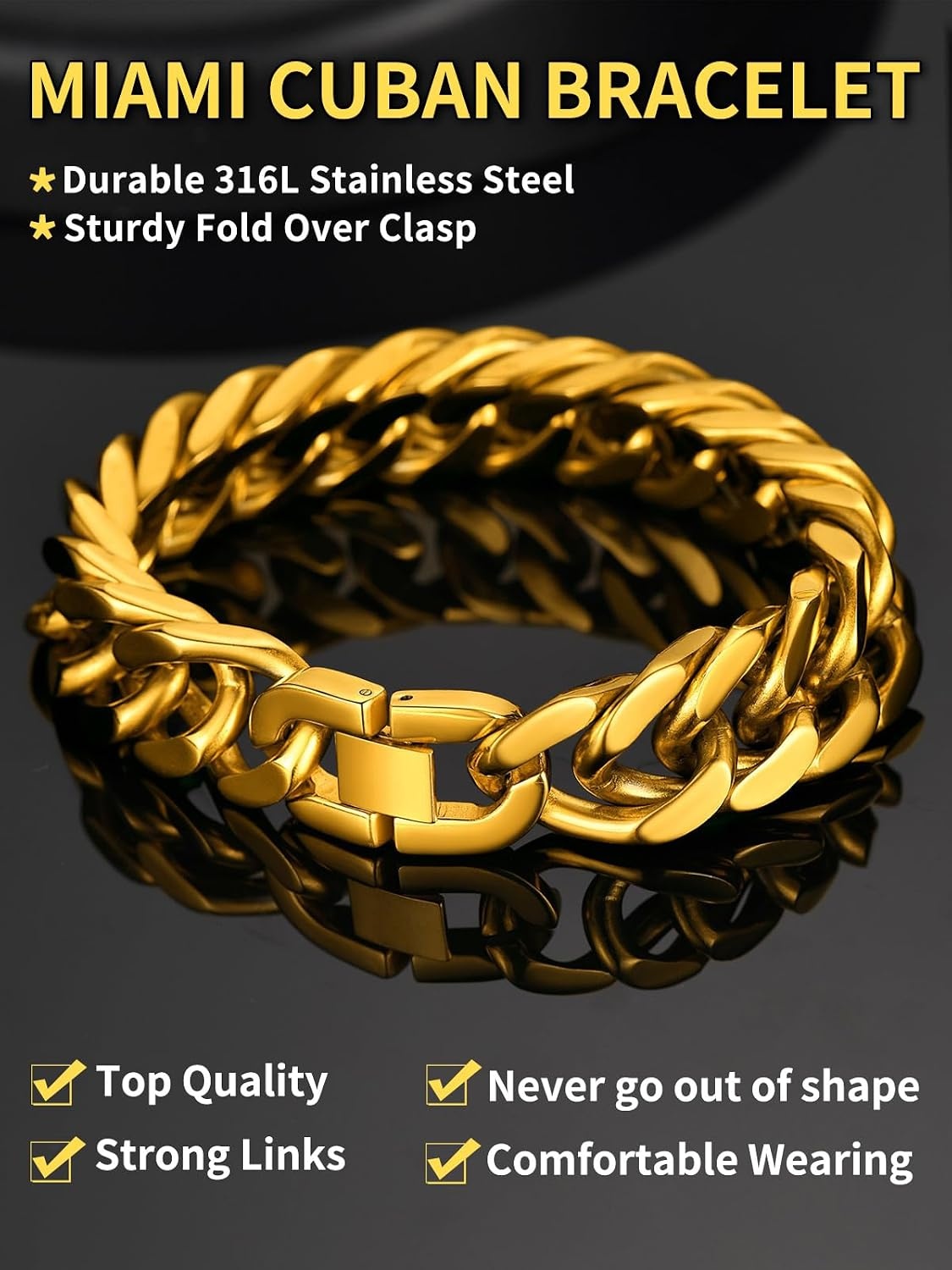image:imageChainsHouse Stainless Steel Cuban Link Bracelet 6mm8mm12mm17mm Width 75839 Black 18K Gold Plated Chain Wrist Bracelets for Men Women Send Gift BoxO Gold17mm width