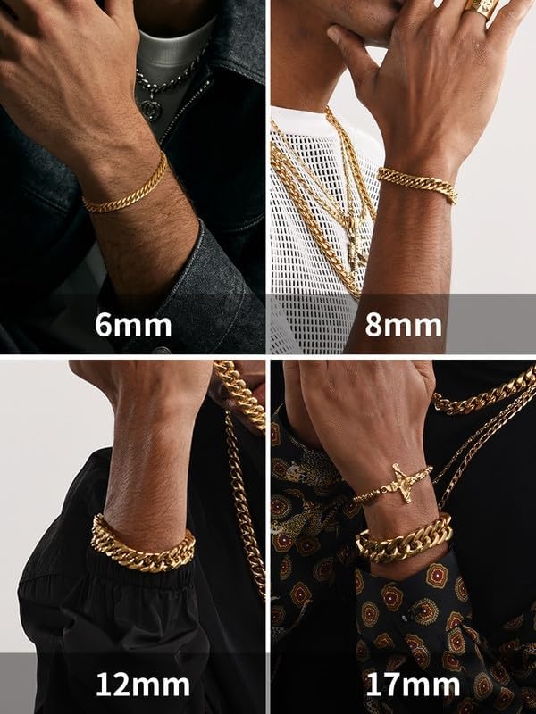 image:imageChainsHouse Stainless Steel Cuban Link Bracelet 6mm8mm12mm17mm Width 75839 Black 18K Gold Plated Chain Wrist Bracelets for Men Women Send Gift BoxO Gold17mm width