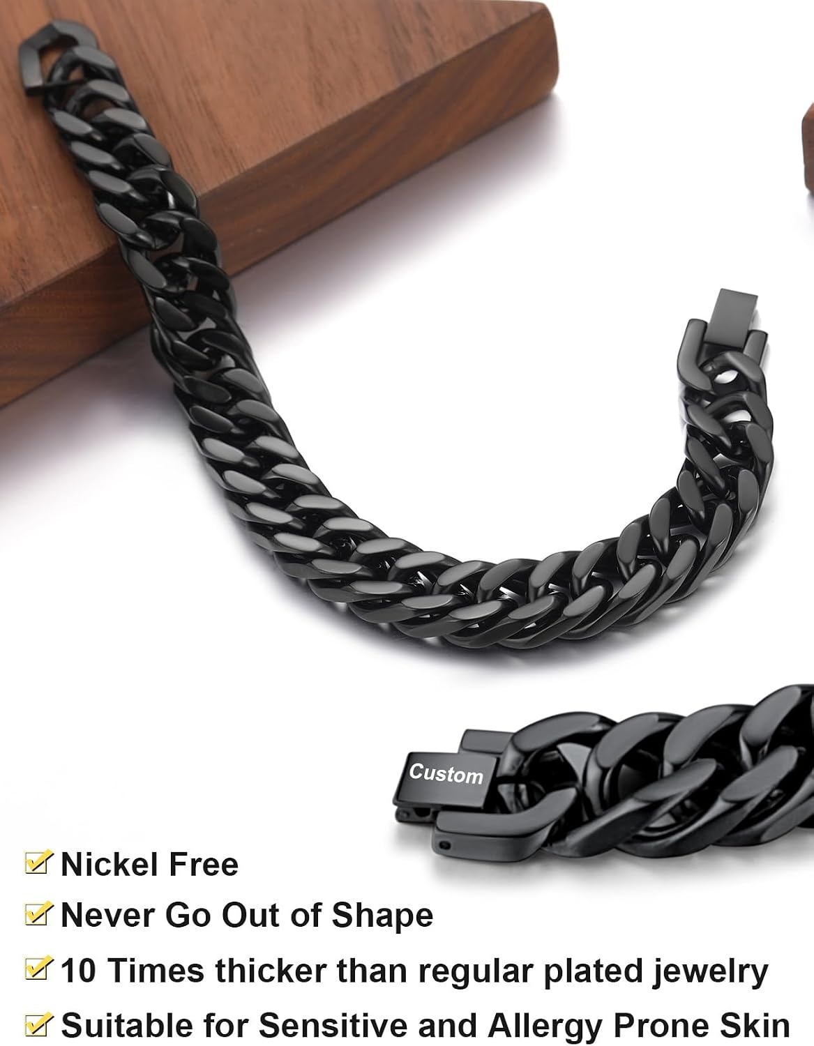 image:imageChainsHouse Stainless Steel Cuban Link Bracelet 6mm8mm12mm17mm Width 75839 Black 18K Gold Plated Chain Wrist Bracelets for Men Women Send Gift BoxS Black8mm widthcustom
