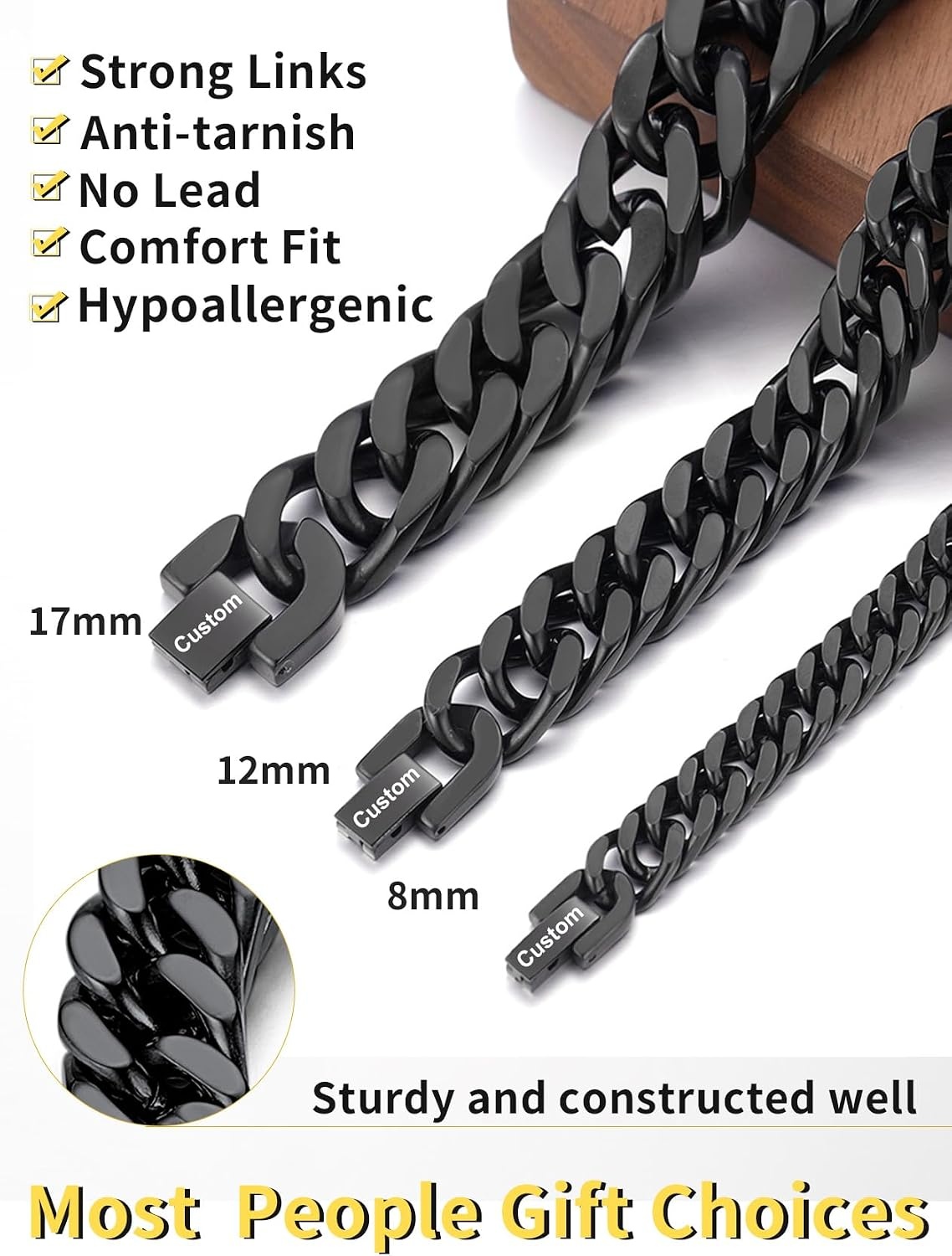 image:imageChainsHouse Stainless Steel Cuban Link Bracelet 6mm8mm12mm17mm Width 75839 Black 18K Gold Plated Chain Wrist Bracelets for Men Women Send Gift BoxS Black8mm widthcustom