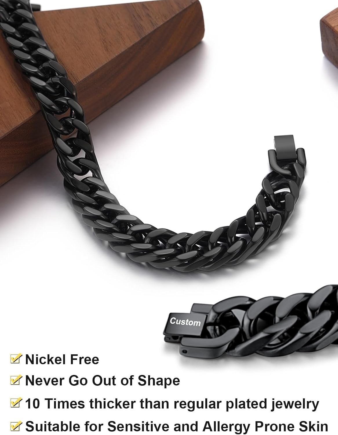 image:imageChainsHouse Stainless Steel Cuban Link Bracelet 6mm8mm12mm17mm Width 75839 Black 18K Gold Plated Chain Wrist Bracelets for Men Women Send Gift BoxT Black12mm widthcustom