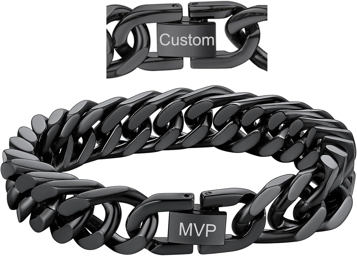image:imageChainsHouse Stainless Steel Cuban Link Bracelet 6mm8mm12mm17mm Width 75839 Black 18K Gold Plated Chain Wrist Bracelets for Men Women Send Gift BoxT Black12mm widthcustom