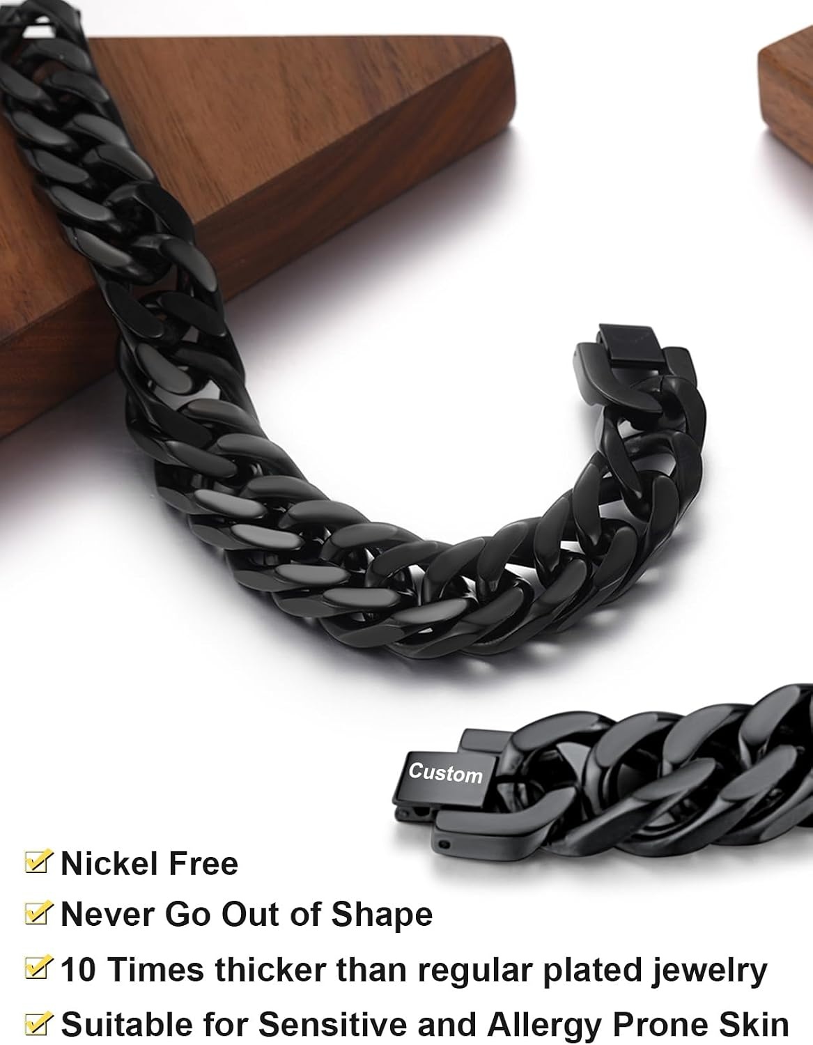image:imageChainsHouse Stainless Steel Cuban Link Bracelet 6mm8mm12mm17mm Width 75839 Black 18K Gold Plated Chain Wrist Bracelets for Men Women Send Gift BoxU Black17mm widthcustom