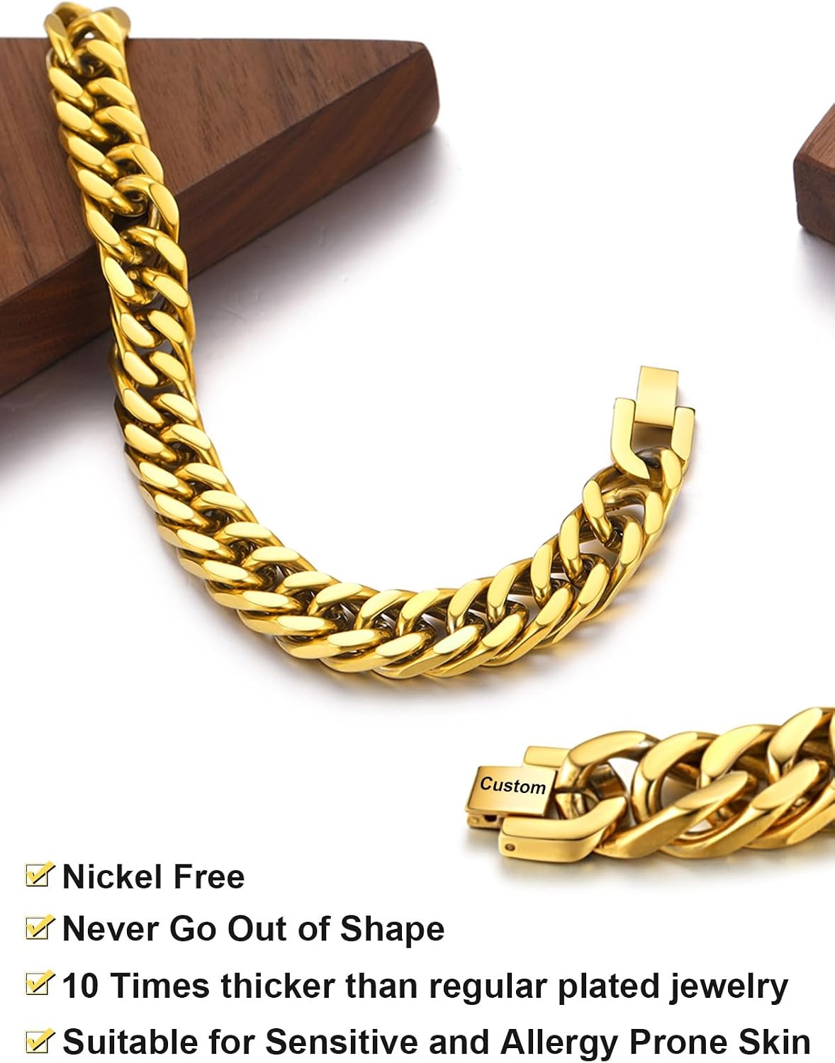 image:imageChainsHouse Stainless Steel Cuban Link Bracelet 6mm8mm12mm17mm Width 75839 Black 18K Gold Plated Chain Wrist Bracelets for Men Women Send Gift BoxV Gold8mm widthcustom