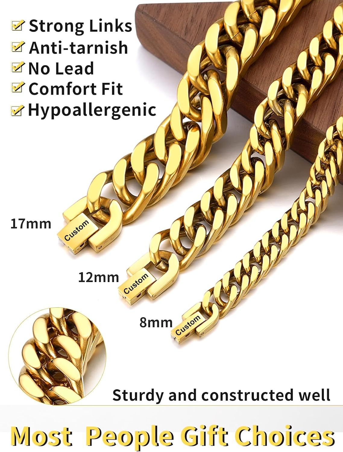 image:imageChainsHouse Stainless Steel Cuban Link Bracelet 6mm8mm12mm17mm Width 75839 Black 18K Gold Plated Chain Wrist Bracelets for Men Women Send Gift BoxV Gold8mm widthcustom