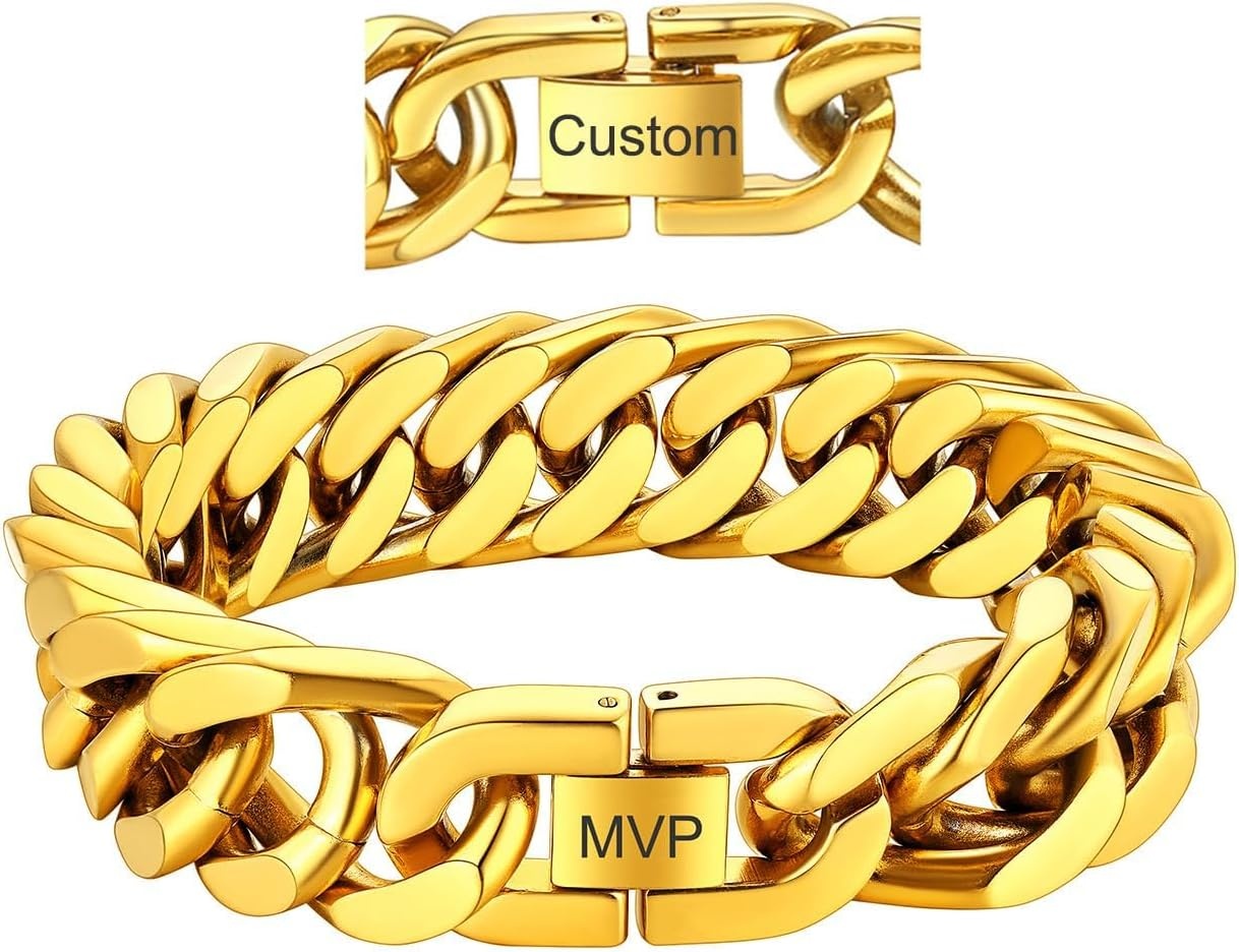 image:imageChainsHouse Stainless Steel Cuban Link Bracelet 6mm8mm12mm17mm Width 75839 Black 18K Gold Plated Chain Wrist Bracelets for Men Women Send Gift BoxX Gold17mm widthcustom