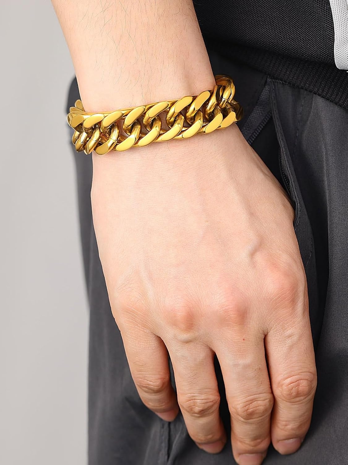 image:imageChainsHouse Stainless Steel Cuban Link Bracelet 6mm8mm12mm17mm Width 75839 Black 18K Gold Plated Chain Wrist Bracelets for Men Women Send Gift BoxX Gold17mm widthcustom