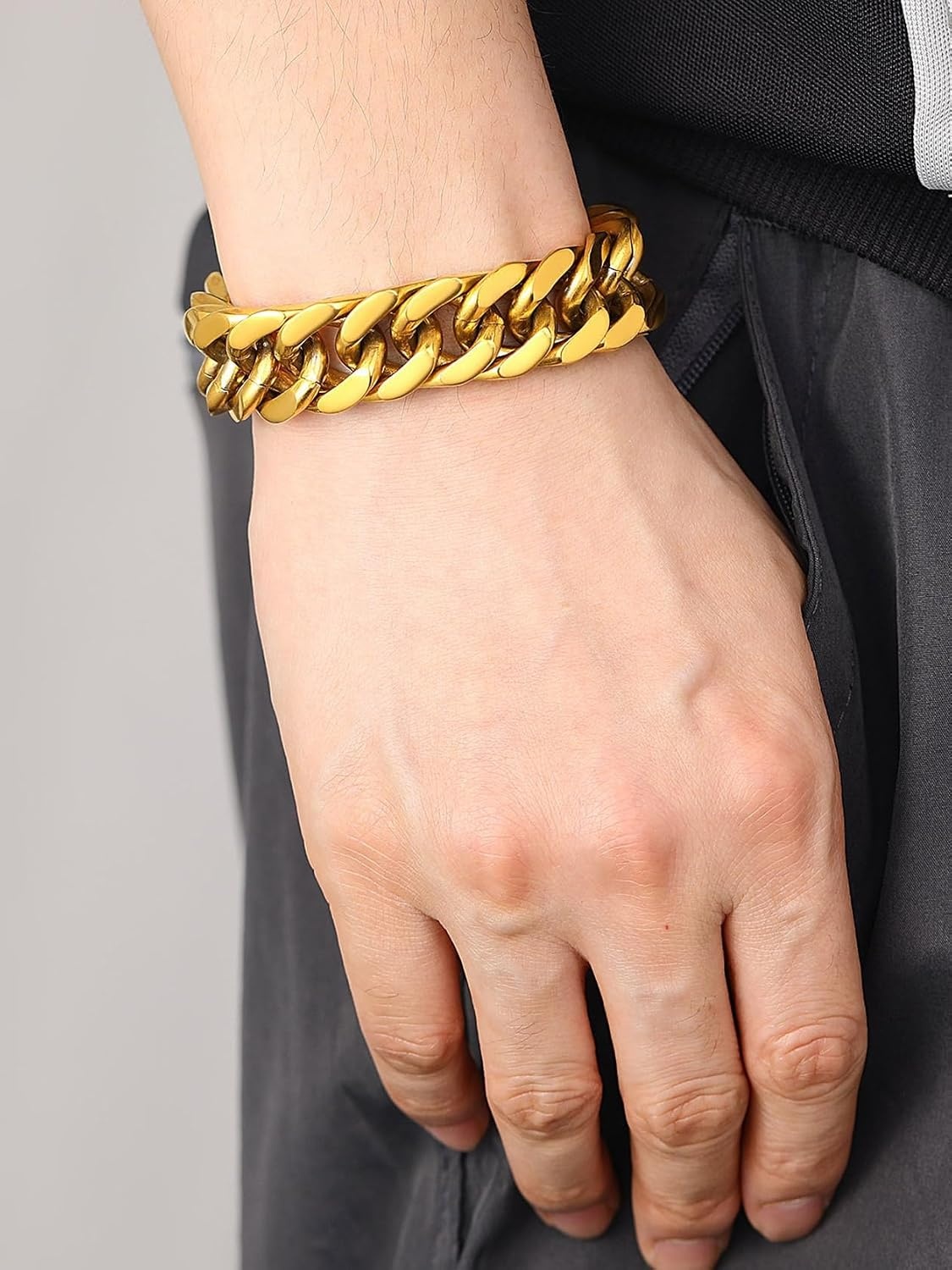 image:imageChainsHouse Stainless Steel Cuban Link Bracelet 6mm8mm12mm17mm Width 75839 Black 18K Gold Plated Chain Wrist Bracelets for Men Women Send Gift BoxX Gold17mm widthcustom