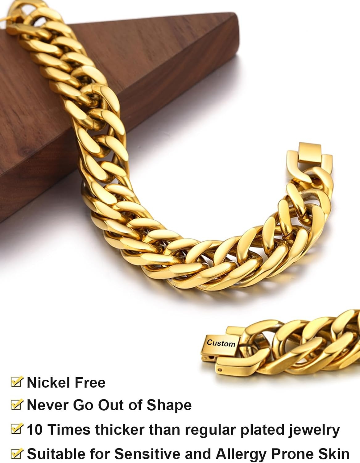 image:imageChainsHouse Stainless Steel Cuban Link Bracelet 6mm8mm12mm17mm Width 75839 Black 18K Gold Plated Chain Wrist Bracelets for Men Women Send Gift BoxX Gold17mm widthcustom