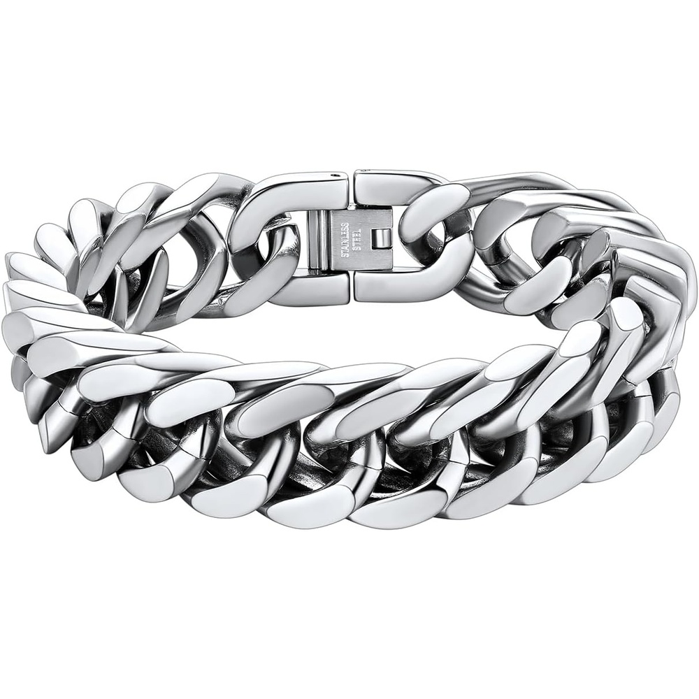 image:imageChainsHouse Stainless Steel Cuban Link Bracelet 6mm8mm12mm17mm Width 75839 Black 18K Gold Plated Chain Wrist Bracelets for Men Women Send Gift BoxE Steel17mm width