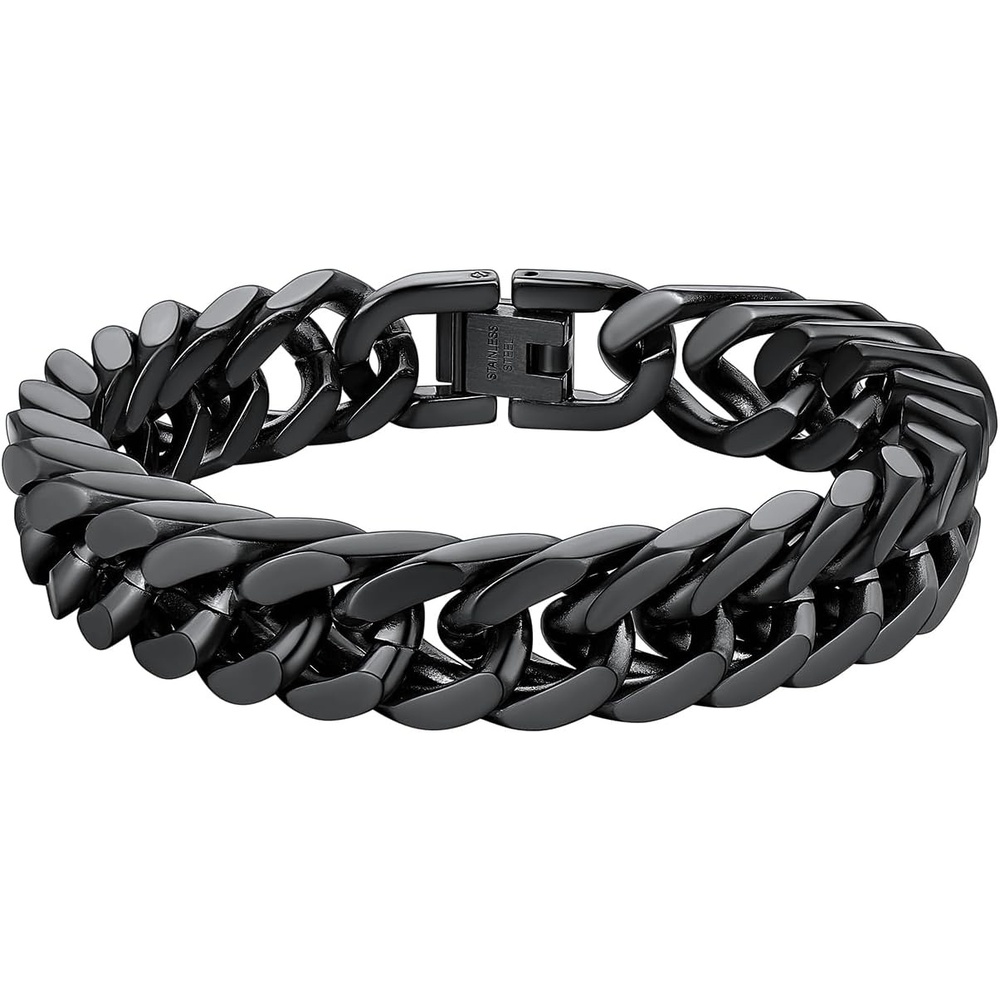 image:imageChainsHouse Stainless Steel Cuban Link Bracelet 6mm8mm12mm17mm Width 75839 Black 18K Gold Plated Chain Wrist Bracelets for Men Women Send Gift BoxI Black12mm width