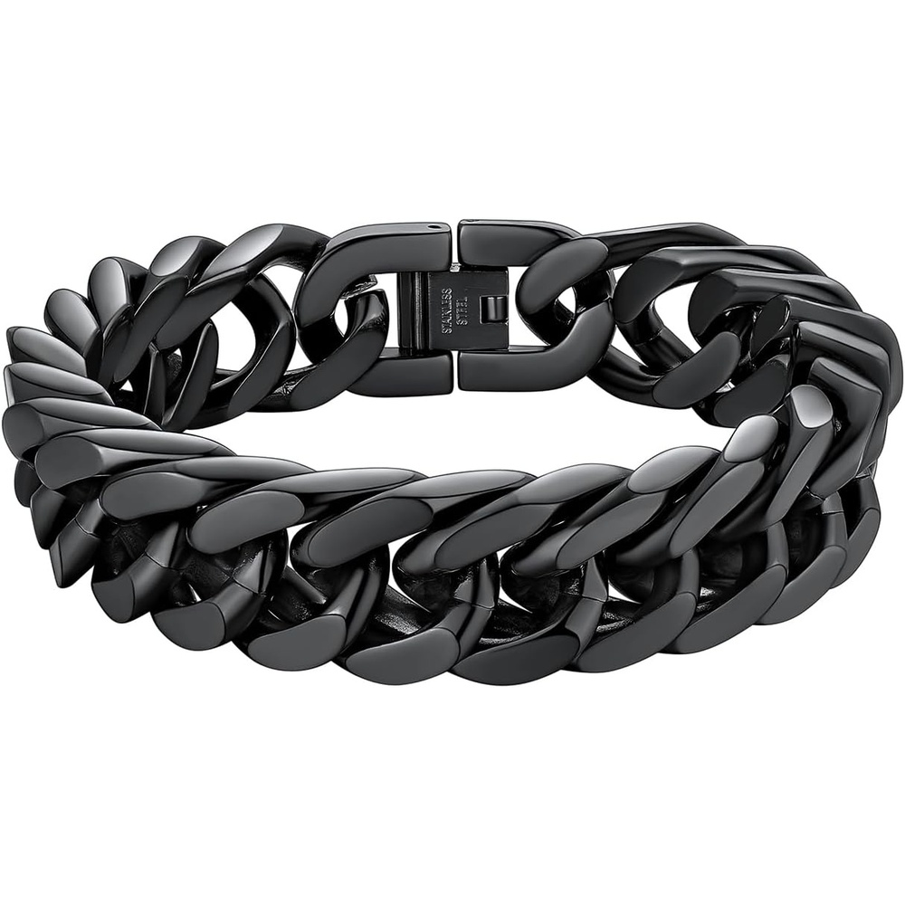 image:imageChainsHouse Stainless Steel Cuban Link Bracelet 6mm8mm12mm17mm Width 75839 Black 18K Gold Plated Chain Wrist Bracelets for Men Women Send Gift BoxJ Black17mm width