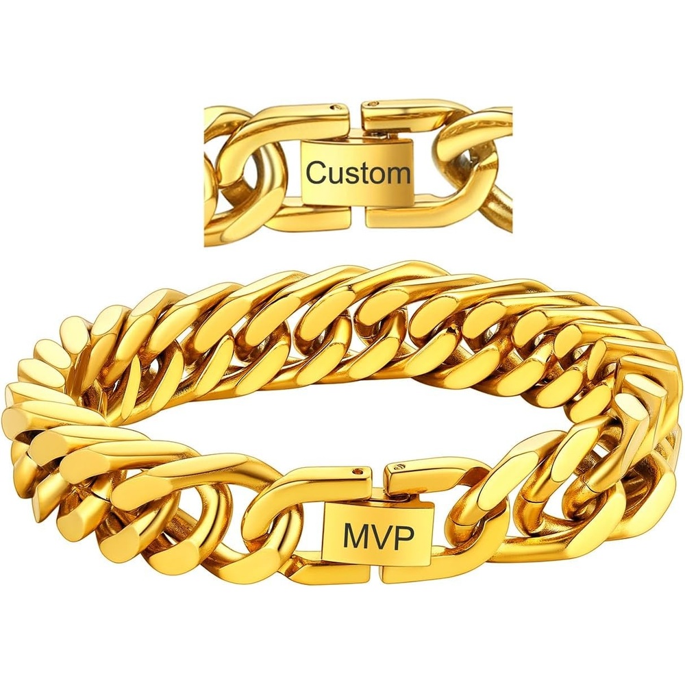 image:imageChainsHouse Stainless Steel Cuban Link Bracelet 6mm8mm12mm17mm Width 75839 Black 18K Gold Plated Chain Wrist Bracelets for Men Women Send Gift BoxW Gold12mm widthcustom