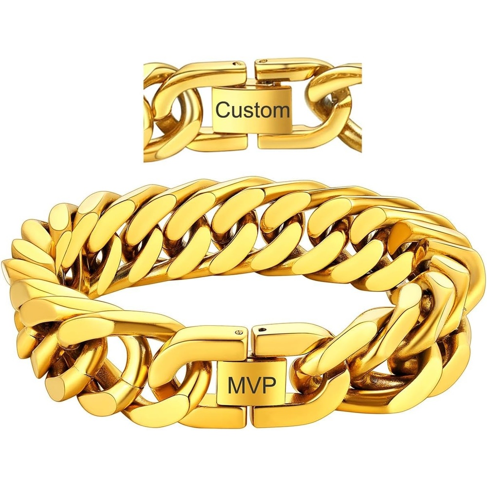 image:imageChainsHouse Stainless Steel Cuban Link Bracelet 6mm8mm12mm17mm Width 75839 Black 18K Gold Plated Chain Wrist Bracelets for Men Women Send Gift BoxX Gold17mm widthcustom
