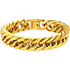 ChainsHouse Stainless Steel Cuban Link Bracelet, 6mm/8mm/12mm/17mm Width, 7.5″/8.3″/9″, Black/ 18K Gold Plated Chain Wrist Bracelets for Men Women, Send Gift Box(N: Gold-12mm width)