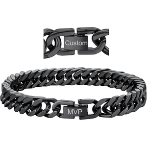 ChainsHouse Stainless Steel Cuban Link Bracelet, 6mm/8mm/12mm/17mm Width, 7.5″/8.3″/9″, Black/ 18K Gold Plated Chain Wrist Bracelets for Men Women, Send Gift Box(S: Black-8mm width-custom)