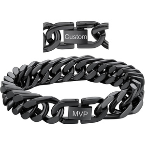 ChainsHouse Stainless Steel Cuban Link Bracelet, 6mm/8mm/12mm/17mm Width, 7.5″/8.3″/9″, Black/ 18K Gold Plated Chain Wrist Bracelets for Men Women, Send Gift Box(T: Black-12mm width-custom)