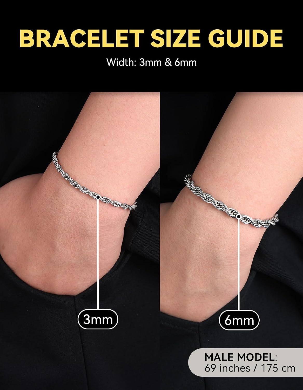 image:imageChainsHouse Stainless Steel Twisted Rope Chain Bracelet for Men SilverBlack14K Gold Plated Link Bracelet 3MM6MM 75839 Lengths Gift Box IncludedA6MMSteel