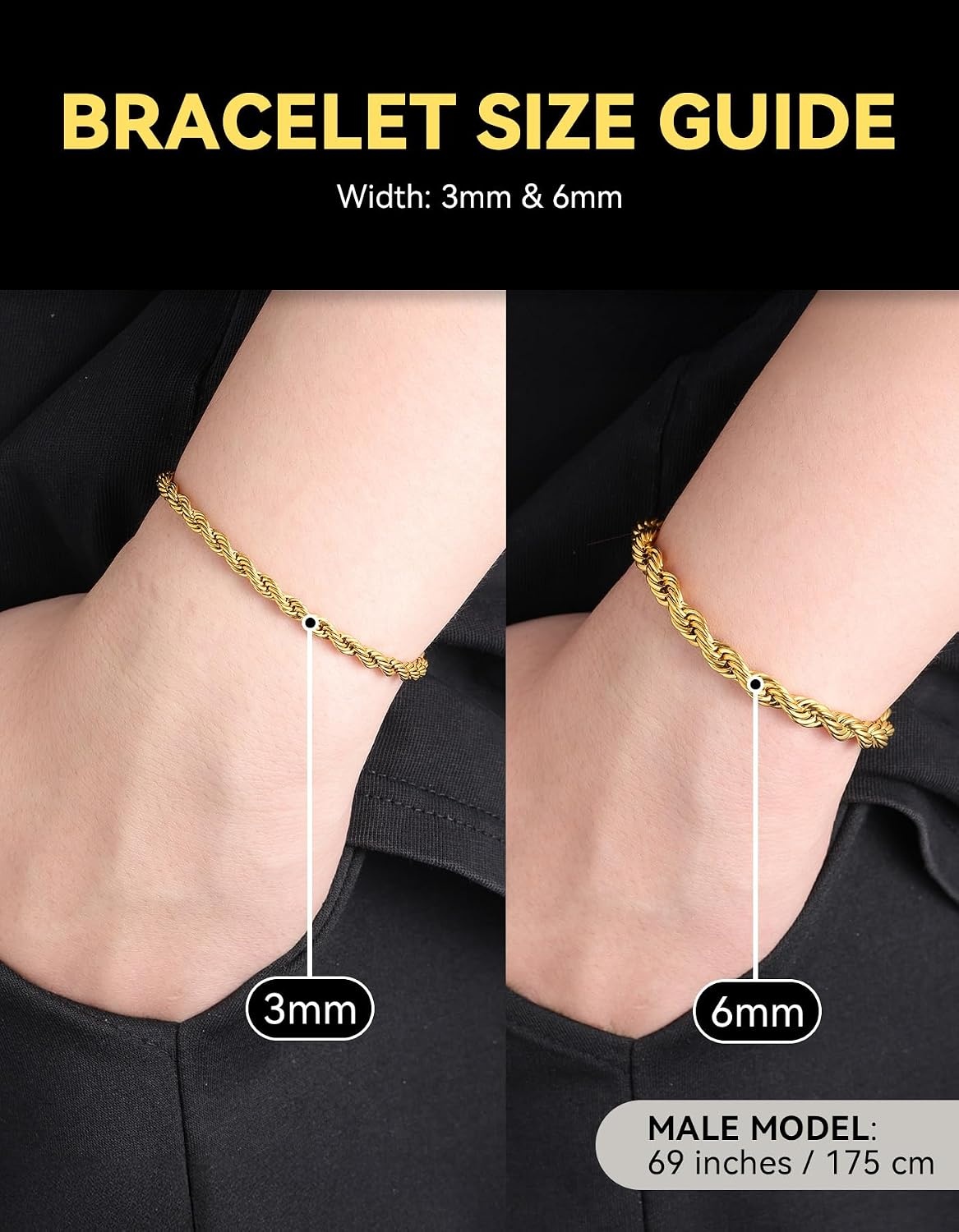 image:imageChainsHouse Stainless Steel Twisted Rope Chain Bracelet for Men SilverBlack14K Gold Plated Link Bracelet 3MM6MM 75839 Lengths Gift Box IncludedC3MMGold
