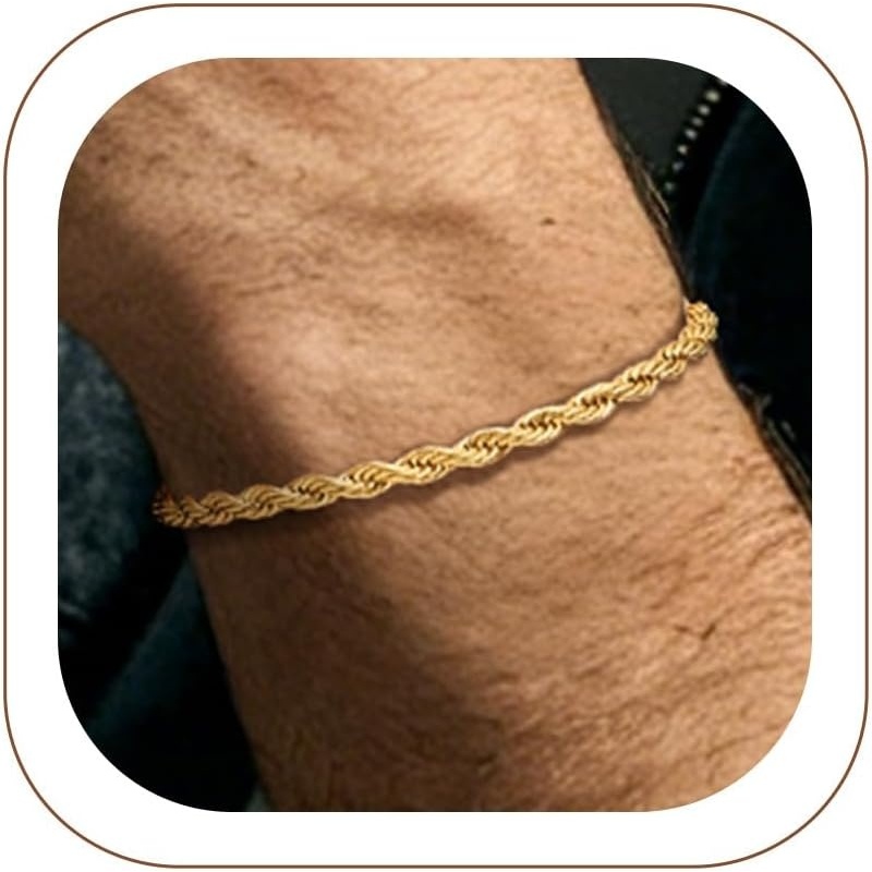 image:imageChainsHouse Stainless Steel Twisted Rope Chain Bracelet for Men SilverBlack14K Gold Plated Link Bracelet 3MM6MM 75839 Lengths Gift Box IncludedC3MMGold