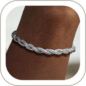 ChainsHouse Stainless Steel Twisted Rope Chain Bracelet for Men, Silver/Black/14K Gold Plated Link Bracelet, 3MM/6MM, 7.5″/8.3″/9″ Lengths, Gift Box Included(A.6MM-Steel)