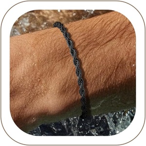 ChainsHouse Stainless Steel Twisted Rope Chain Bracelet for Men, Silver/Black/14K Gold Plated Link Bracelet, 3MM/6MM, 7.5″/8.3″/9″ Lengths, Gift Box Included(B.3MM-Black)