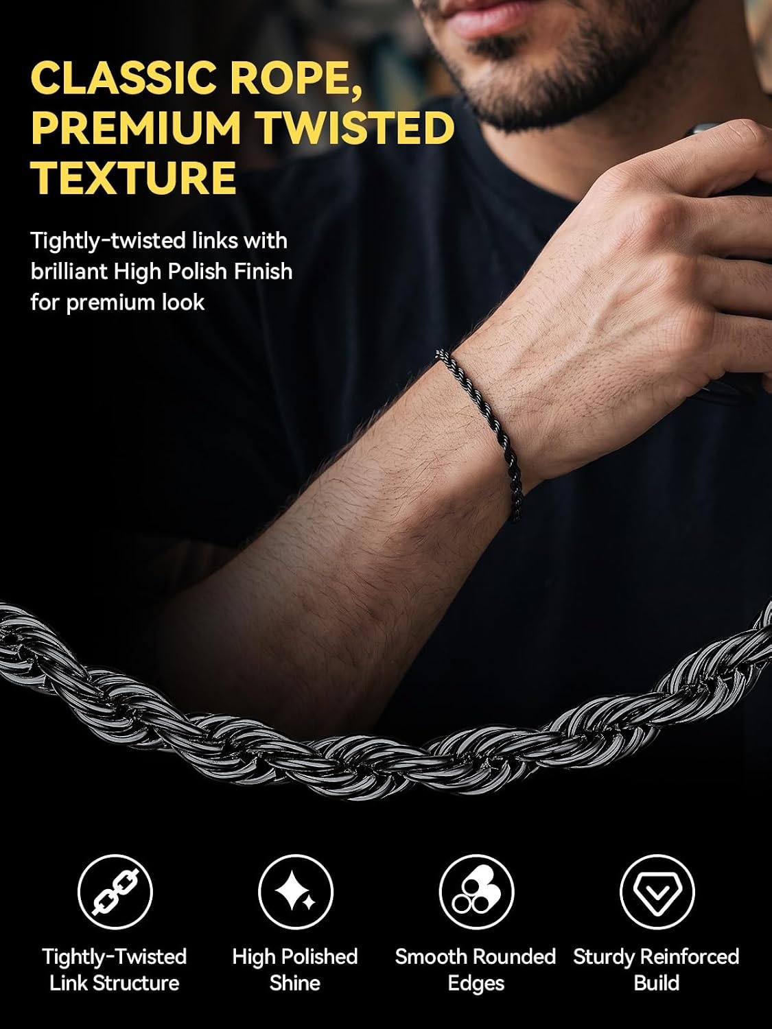 image:imageChainsHouse Stainless Steel Rope Bracelet Mens Chain Bracelet Button ClaspBlack