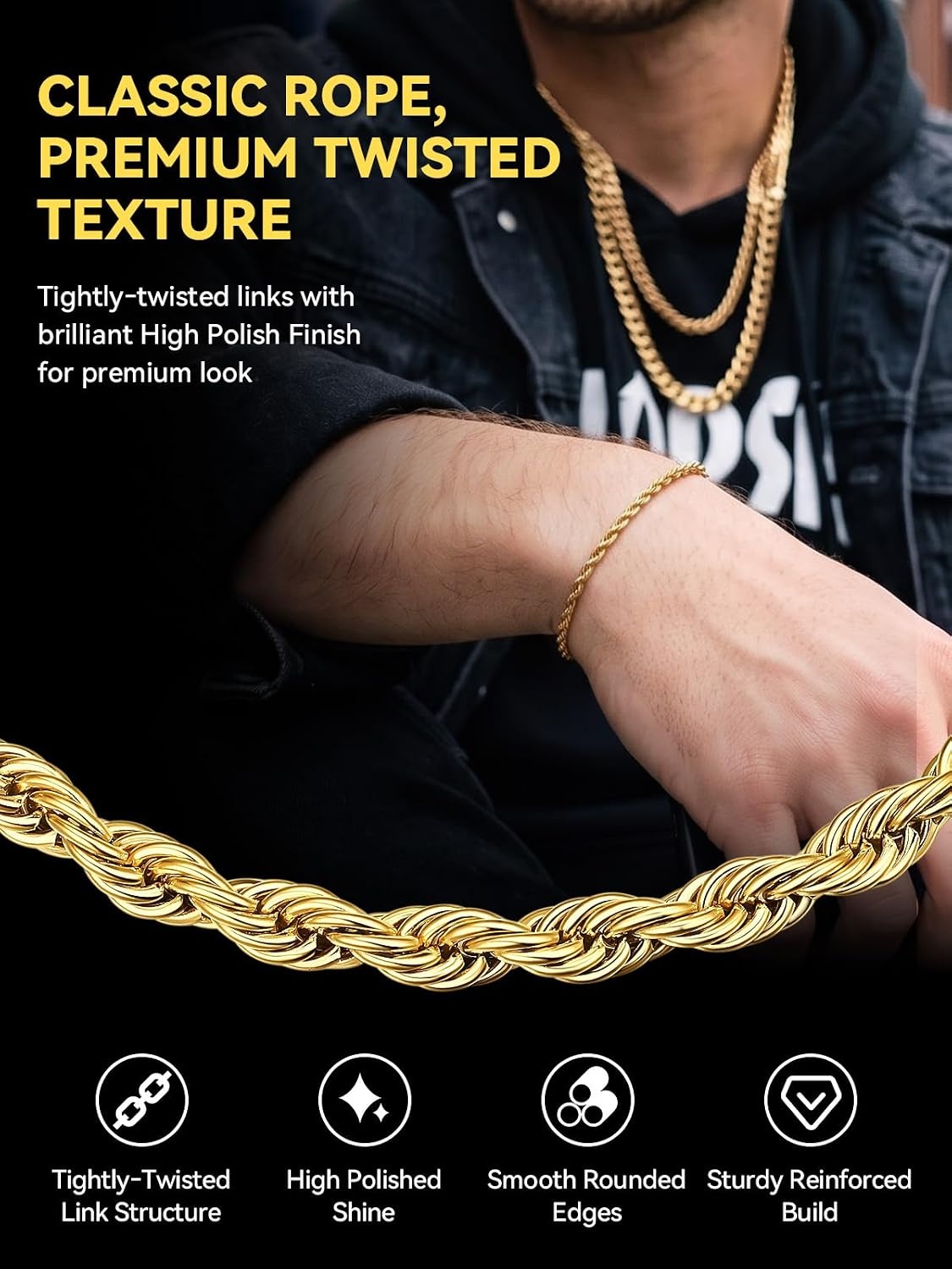 image:imageChainsHouse Stainless Steel Rope Bracelet Mens Chain Bracelet Button ClaspGold