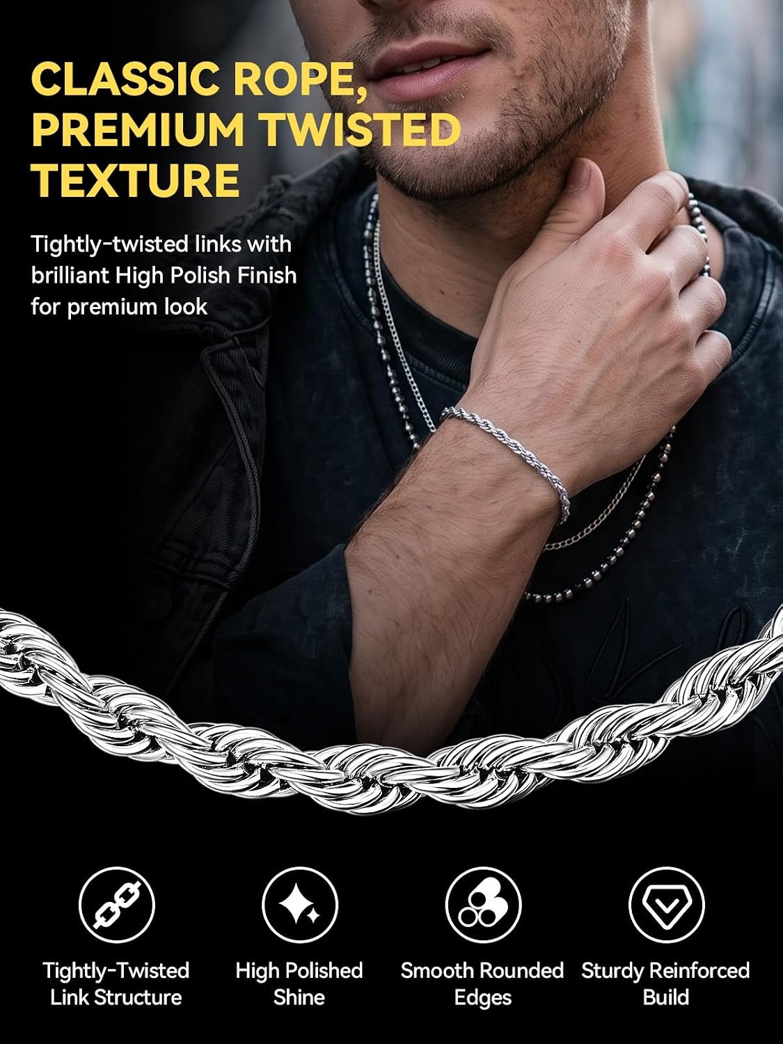 image:imageChainsHouse Stainless Steel Rope Bracelet Mens Chain Bracelet Button ClaspSilver