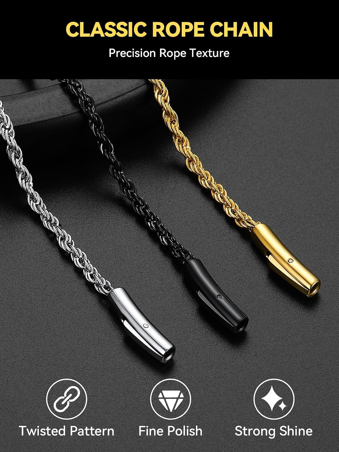 image:imageChainsHouse Stainless Steel Rope Chain Men Button Clasp Twisted NecklaceGold