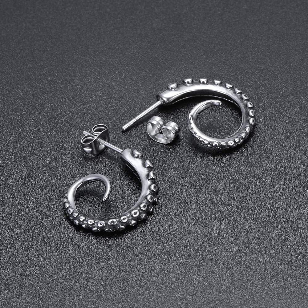 image:imageStainless Steel Gothic Punk Stud Earrings for Women Men Curved Octopus Earrings Studs for Girls