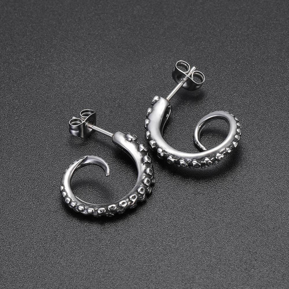 image:imageStainless Steel Gothic Punk Stud Earrings for Women Men Curved Octopus Earrings Studs for Girls